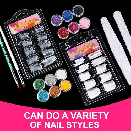 A comprehensive nail art starter kit containing clear and white nail tips, glitter jars, nail files, and professional application brushes.