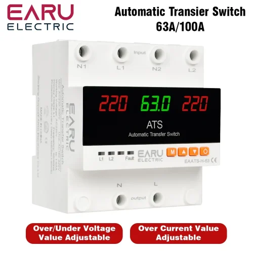 EARU Electric Automatic Transfer Switch 63A 100A with Adjustable Voltage Protection