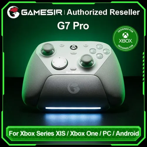 GameSir G7 Pro controller on a charging dock with green glowing lights.