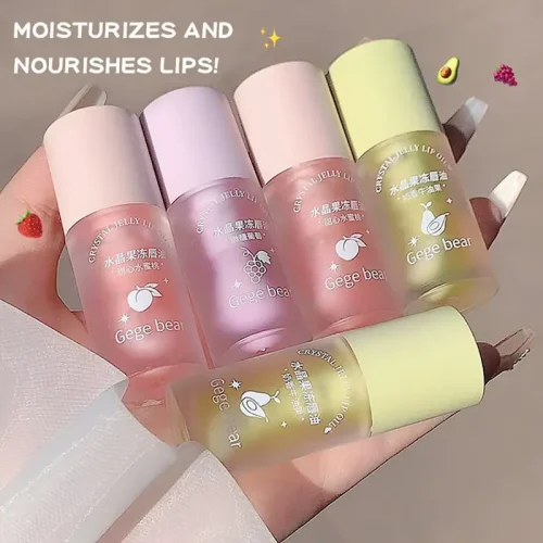 Gege Bear Crystal Jelly Fruit Lip Oil bottles in Peach, Grape, and Avocado variants for lip moisturizing.