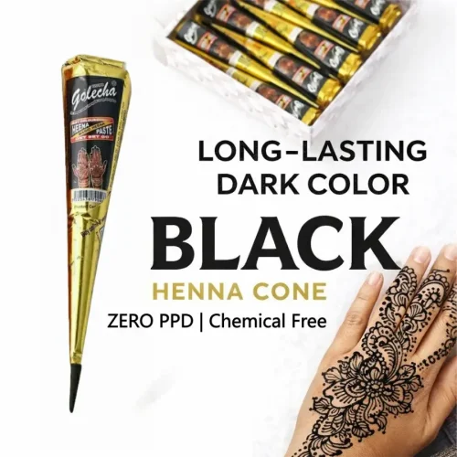 Golecha Black Henna Cone box with "Zero PPD" and "Chemical Free" long-lasting dark color claim.