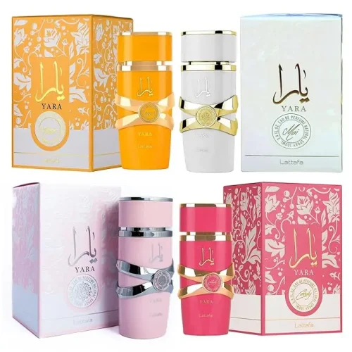 Lattafa Yara 4-piece perfume collection featuring Pink, Moi, Tous, and Candy variants.