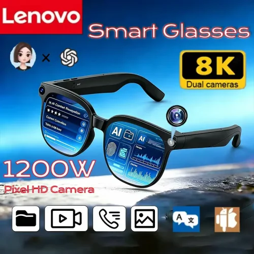 Lenovo AI Smart Glasses featuring 8K dual cameras, 1200W pixel HD camera, and translation icons.