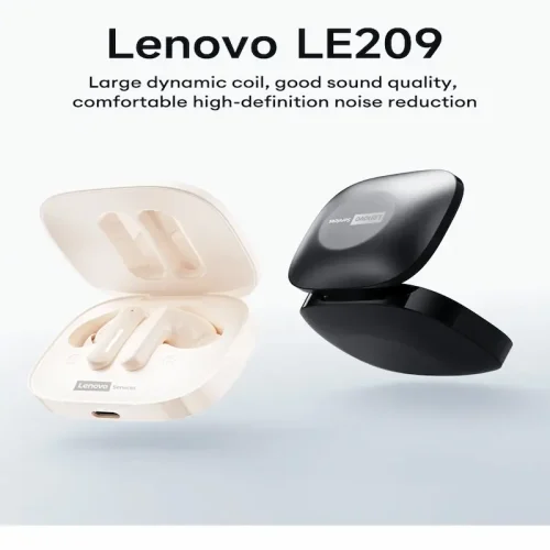 Lenovo LE209 wireless earbuds shown in elegant white and sleek black charging cases.