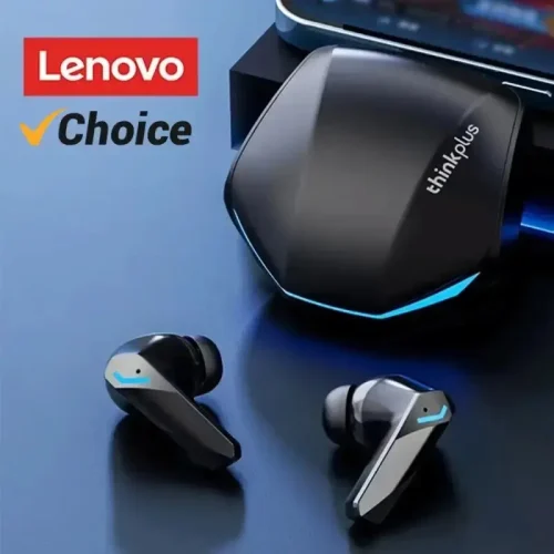 A close up look for our Lenovo GM2 Pro Review showcasing the sleek black gaming earbuds with futuristic LED accents.