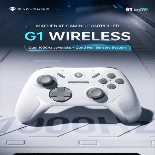 Front view of the white MACHENIKE G1 Wireless Gaming Controller with Dual 1000Hz joysticks.