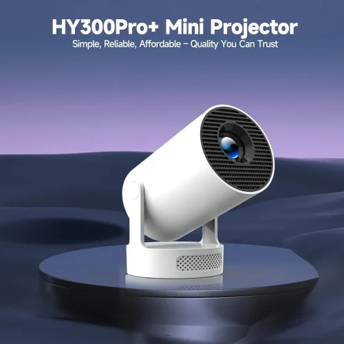 Sleek white Magcubic HY300 Pro Plus mini projector on a pedestal with a modern minimalist design.