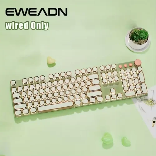 Top-down flat lay view of the green EWEADN keyboard on a minimalist green background.