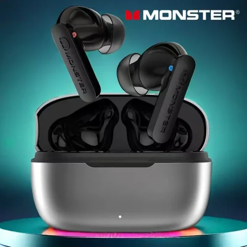 Monster N-Lite Clear Talk wireless earbuds in black with a sleek silver and grey metallic charging case.