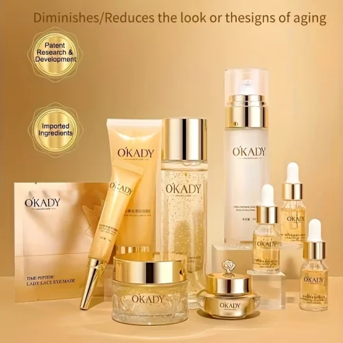 Complete Okady luxury skincare collection including serums, creams, and eye masks for anti-aging.