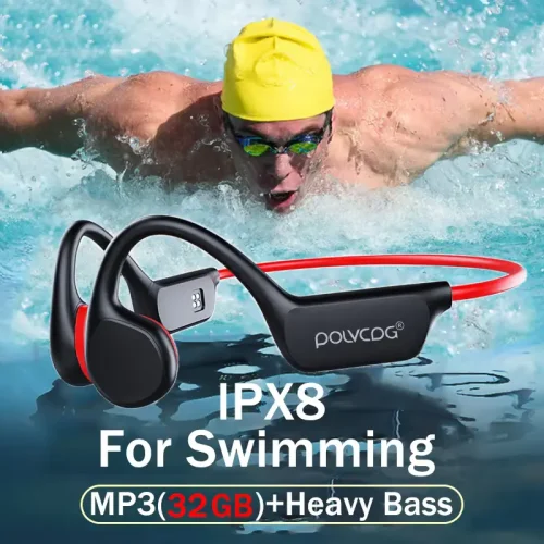 A swimmer wearing a yellow cap using the POLVCDG bone conduction headset with IPX8 waterproof rating and 32GB storage.