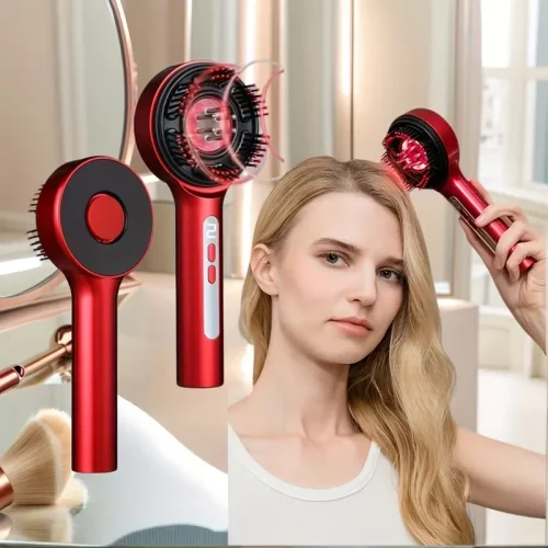 Lifestyle shot of a woman using a portable red electric hair growth comb for scalp therapy.