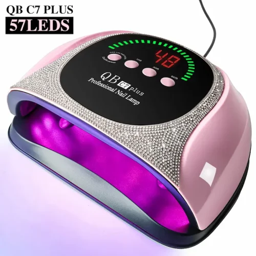 Pink QB C7 Plus professional UV LED nail lamp with 57 LEDs and rhinestone crystal decoration.