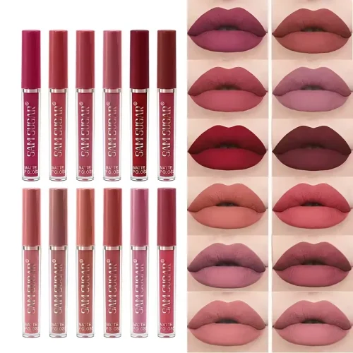 Full 12-piece collection of SAM SUGAR Matte Liquid Lipsticks with matching lip swatches.