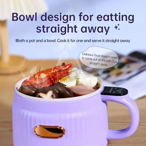 Steaming hot food inside the cooker, highlighting its "cook and eat" bowl design.
