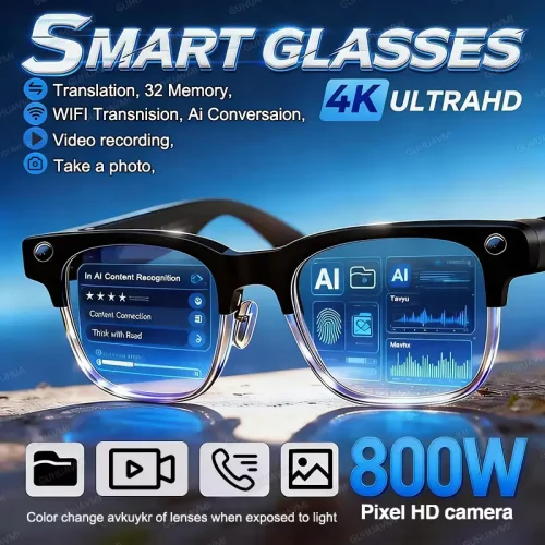 A pair of black smart glasses with a 4K Ultra HD 800W pixel HD camera, featuring AI conversation and photo recognition technology.