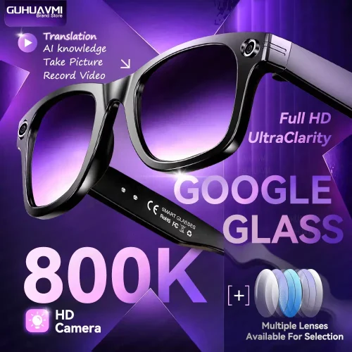 Purple-themed image highlighting 800K HD camera and multiple lens options for smart glasses.