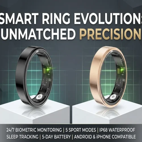 A side-by-side comparison feature image of the Classic Black Smart Ring and Rose Gold Smart Ring, showcasing the inner circuitry and intense green LED sensors against a textured dark background, emphasizing dual color options and high-tech biometric monitoring features.