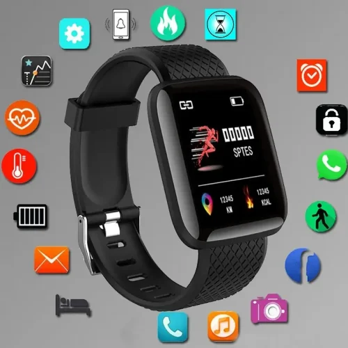 All-in-one smartwatch features including heart rate, sleep tracking, WhatsApp notifications, and fitness monitoring icons