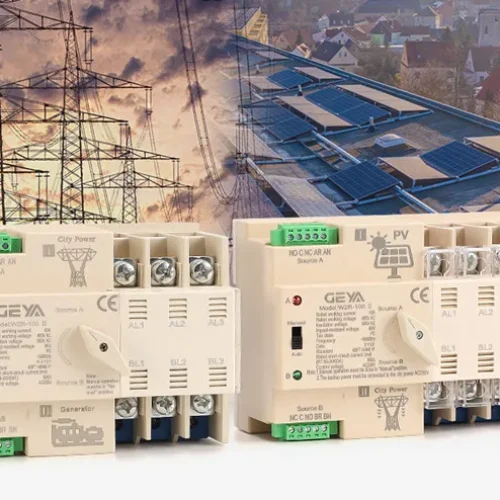 GEYA ATS units shown with icons for Solar PV, City Power, and Generator sources, highlighting power grid integration.