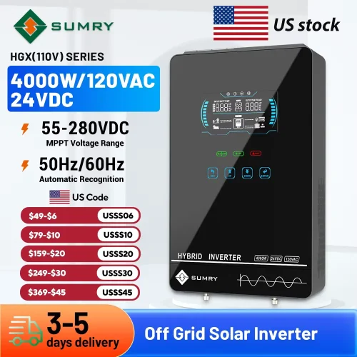 Sumry HGX Series 4000W 120VAC solar inverter specifications featuring MPPT voltage range and US stock availability.