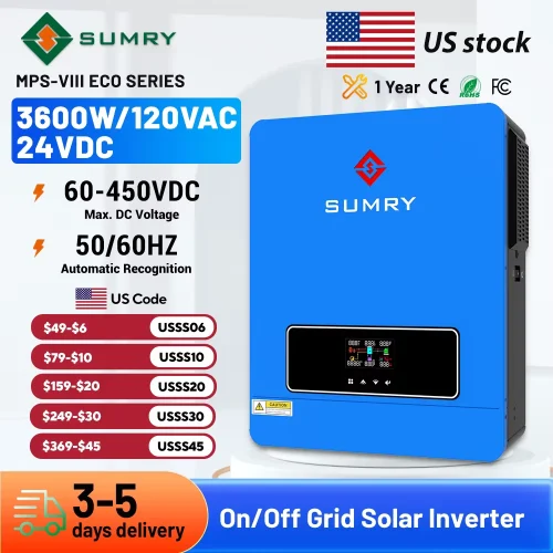Sumry MPS-VIII Eco Series 3600W 24VDC solar inverter with on-off grid features and price list.