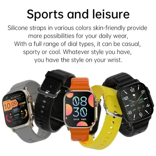 T900 Ultra 2 available in multiple skin-friendly silicone strap colors (Orange, Black, Yellow, Grey)