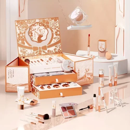 Fully opened large luxury vanity gift box from Temu filled with makeup, brushes, and skincare.