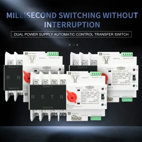 TOMZN 2P 3P and 4P Dual Power Automatic Transfer Switch for uninterrupted power supply.