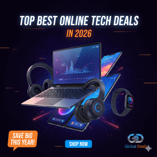 Promotional banner for Top Best Online Tech Deals in 2026 featuring a laptop, headphones, smartphones, and a smart watch with a "Shop Now" button.