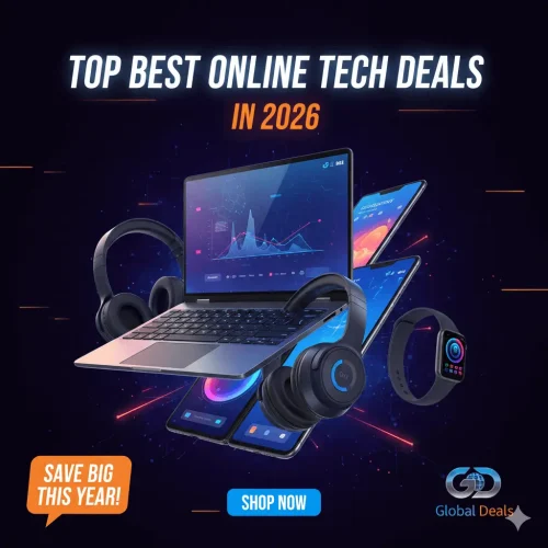 Promotional banner for "Top Best Online Tech Deals in 2026" by Global Deals, featuring a 3D composition of a laptop, smartphones, headphones, and a smartwatch.