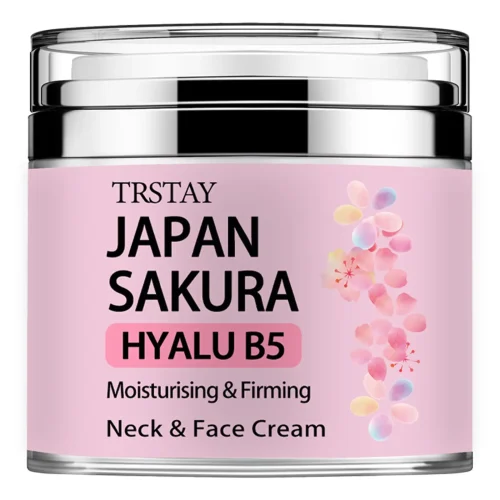 A jar of TRSTAY Japan Sakura Hyalu B5 Moisturising and Firming Neck and Face Cream with pink cherry blossom design.