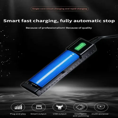 Universal single slot 18650 smart battery device with a reverse polarity protection chip.