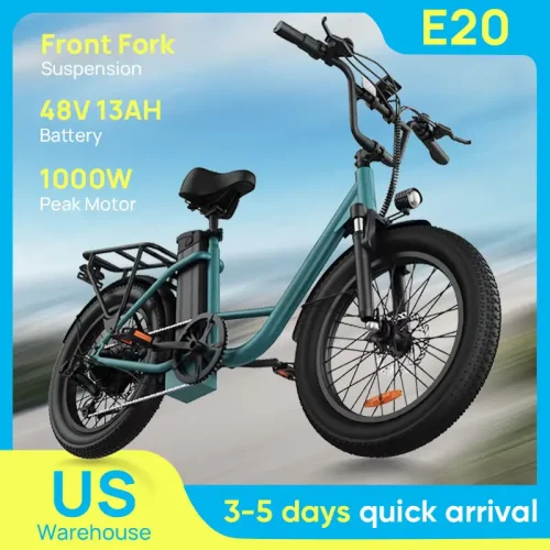 Side view of the teal-colored URLIFE E20 electric bike featuring front fork suspension.