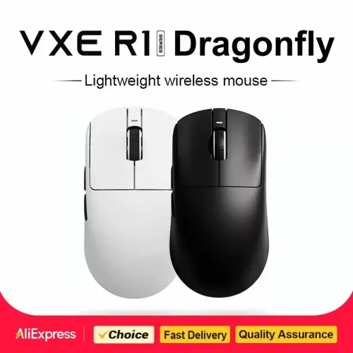Top view of black and white VXE Dragonfly R1 wireless gaming mice side by side.