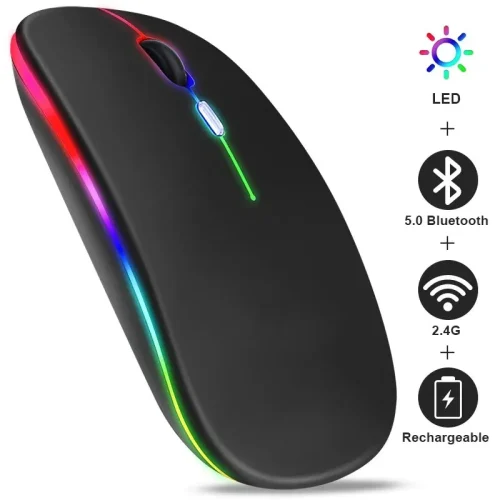 Perspective view of a black RGB mouse highlighting the thin profile and multi-color lighting effects.