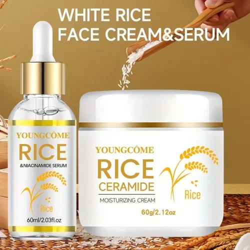 Youngcome White Rice Face Cream and Niacinamide Serum set with rice extracts for glowing skin.
